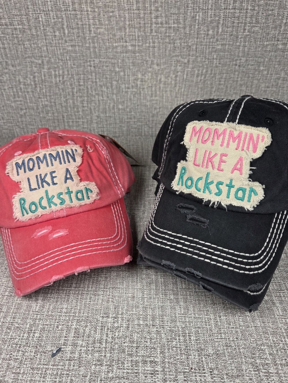 NWT Mommin' Like a Rockstar Kbethos Distressed Pink or Blue Baseball Cap Hat
